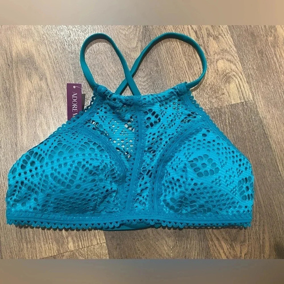 Adore Me Women's Lace Crochet Back Tie Wireless Bra Bikini Top size small green - Picture 1 of 6